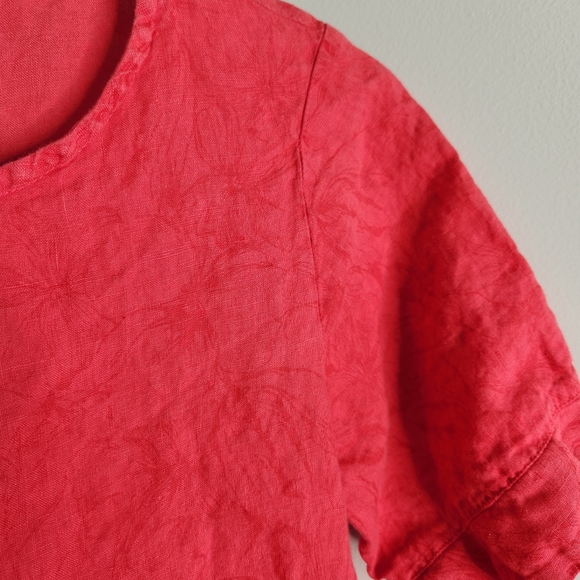 Cut loose dress womens Medium red pink floral short sleeve 100% Linen lagenlook - Picture 5 of 8